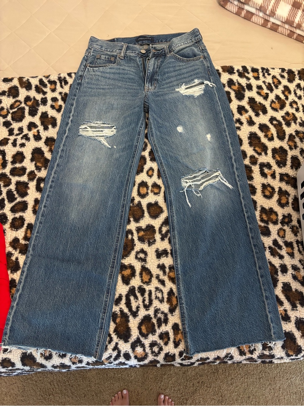 Aeropostale Distressed Wide-Leg Jeans in Mid Blue